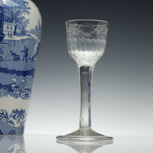 engraved and rib moulded 18th century plain stem wine glass c1740 - CATEGORY: ANTIQUE GLASS - DATED 18TH CENTURY