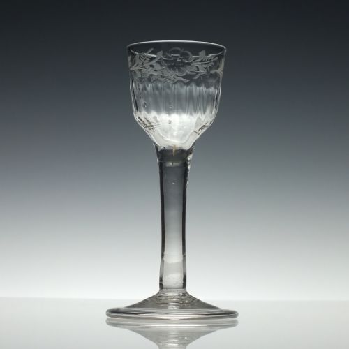ENGRAVED AND RIB MOULDED 18TH CENTURY PLAIN STEM WINE GLASS C1740 - ADDITIONAL PHOTO 1