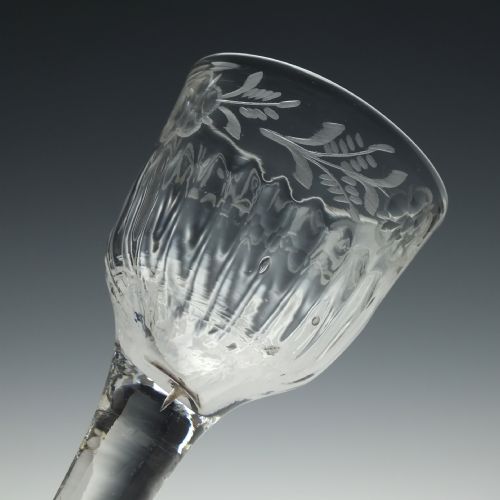 ENGRAVED AND RIB MOULDED 18TH CENTURY PLAIN STEM WINE GLASS C1740 - ADDITIONAL PHOTO 4