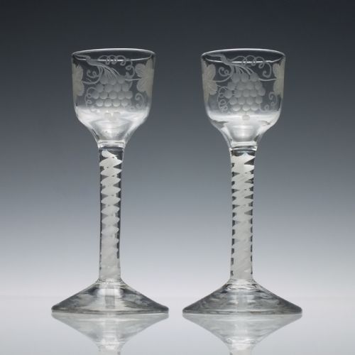 pair of engraved georgian opaque twist wine glasses c1760 - CATEGORY: ANTIQUE GLASS - DATED 1750
