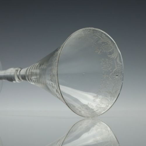 ENGRAVED GEORGIAN LIGHT BALUSTER WINE GLASS C1745 - ADDITIONAL PHOTO 4