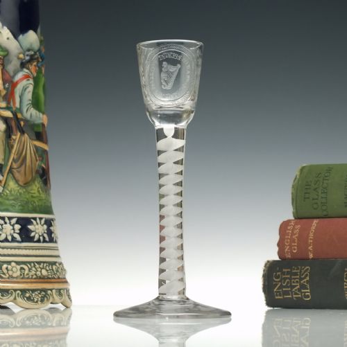 rare 'irish' volunteer opaque twist cordial glass c1760 - CATEGORY: ANTIQUE GLASS - DATED 18TH CENTURY