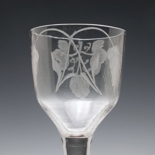 RARE ENGRAVED 18TH CENTURY PLAIN STEM ALE OR WINE GLASS C1740 - ADDITIONAL PHOTO 3