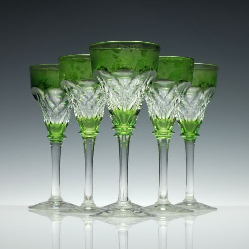 set of six john walsh cut and engraved green wine glasses c1930 - CATEGORY: ANTIQUE GLASS - DATED 1930