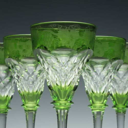 SET OF SIX JOHN WALSH CUT AND ENGRAVED GREEN WINE GLASSES C1930 - ADDITIONAL PHOTO 1