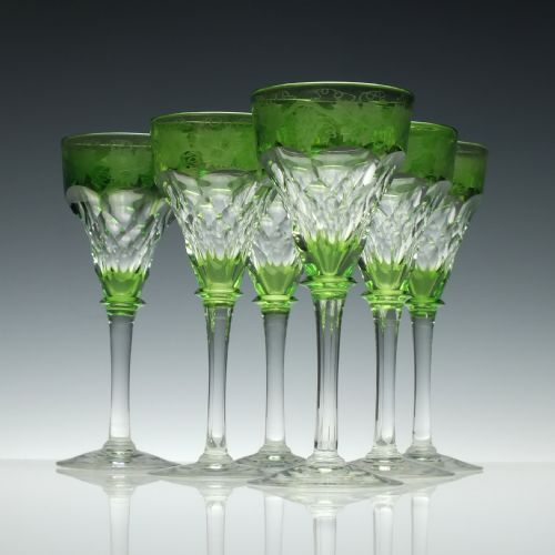 SET OF SIX JOHN WALSH CUT AND ENGRAVED GREEN WINE GLASSES C1930 - ADDITIONAL PHOTO 2