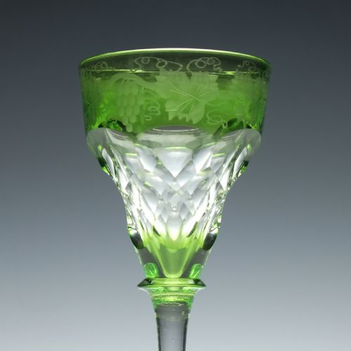 SET OF SIX JOHN WALSH CUT AND ENGRAVED GREEN WINE GLASSES C1930 - ADDITIONAL PHOTO 3