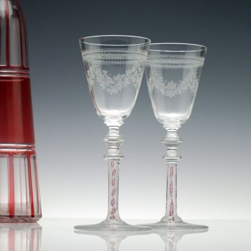 pair 19th century engraved composite wine glasses c1870 - CATEGORY: ANTIQUE GLASS - DATED 1870