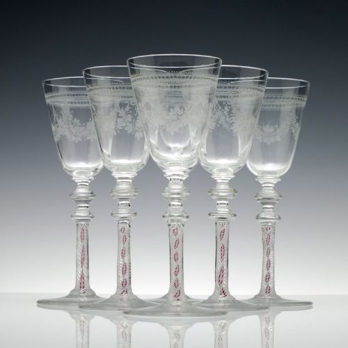 six 19th century engraved composite wine glasses c1870 - CATEGORY: ANTIQUE GLASS - DATED 1870