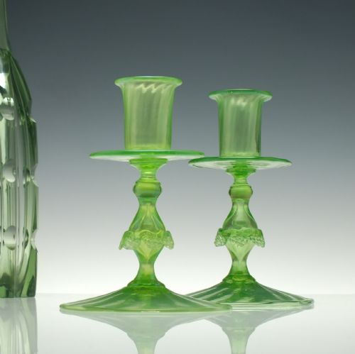 pair italian antique venetian vaseline green candlesticks c1900 - CATEGORY: ANTIQUE GLASS - DATED 1900