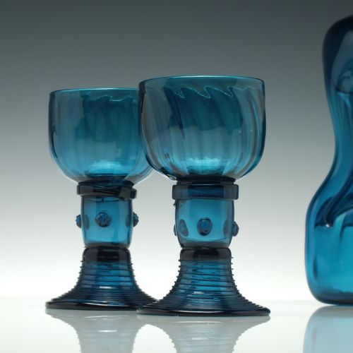 pair peacock blue wine glasses with ribbed bowls and hollow stems c1820 - CATEGORY: ANTIQUE GLASS - DATED GEORGIAN