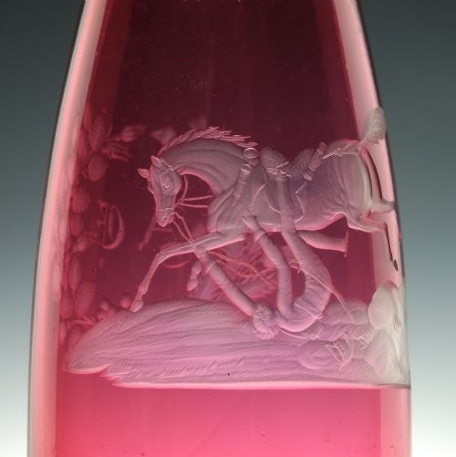 19TH CENTURY ENGRAVED CRANBERRY GLASS SERVING BOTTLE C1860 - ADDITIONAL PHOTO 1