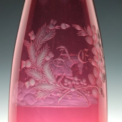 19TH CENTURY ENGRAVED CRANBERRY GLASS SERVING BOTTLE C1860 - ADDITIONAL PHOTO 3