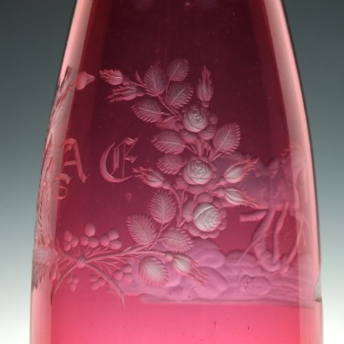 19TH CENTURY ENGRAVED CRANBERRY GLASS SERVING BOTTLE C1860 - ADDITIONAL PHOTO 4