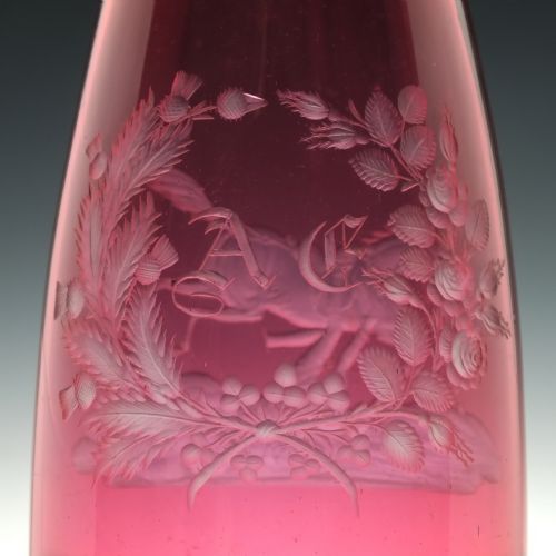 19TH CENTURY ENGRAVED CRANBERRY GLASS SERVING BOTTLE C1860 - ADDITIONAL PHOTO 5