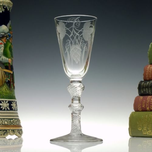 rare two part georgian double knop engraved ale glass c1750 - CATEGORY: ANTIQUE GLASS - DATED GEORGIAN