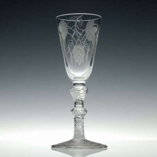 RARE TWO PART GEORGIAN DOUBLE KNOP ENGRAVED ALE GLASS C1750 - ADDITIONAL PHOTO 1