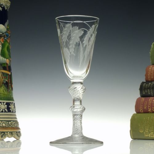RARE TWO PART GEORGIAN DOUBLE KNOP ENGRAVED ALE GLASS C1750 - ADDITIONAL PHOTO 2