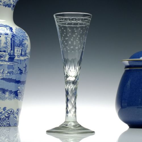 tall georgian facet cut champagne flute glass with air tear c1780 - CATEGORY: ANTIQUE GLASS - DATED GEORGIAN