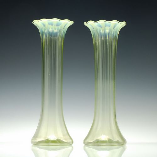 pair tall victorian opalescent and green vaseline glass vases c1880 - CATEGORY: ANTIQUE GLASS - DATED VICTORIAN