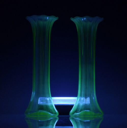 PAIR TALL VICTORIAN OPALESCENT AND GREEN VASELINE GLASS VASES C1880 - ADDITIONAL PHOTO 1