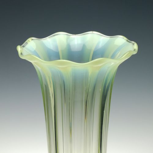 PAIR TALL VICTORIAN OPALESCENT AND GREEN VASELINE GLASS VASES C1880 - ADDITIONAL PHOTO 2