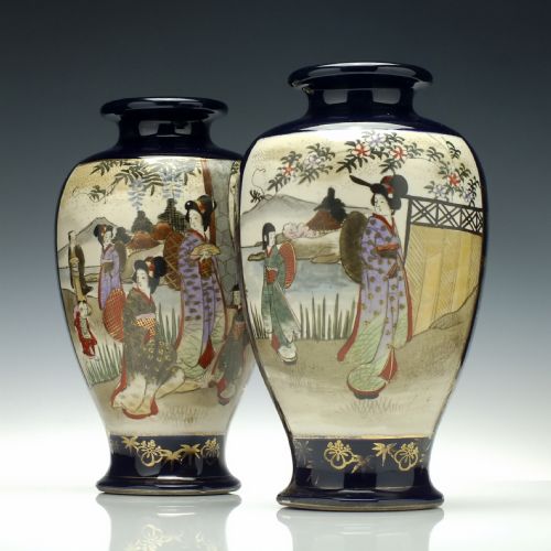 pair japanese hand painted satsuma vases c1900 - CATEGORY: ANTIQUE VASES - DATED 1900