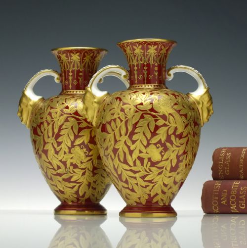 pair 19th century royal crown derby twin mask handle urn vases 18771890 - CATEGORY: ANTIQUE VASES - DATED VICTORIAN