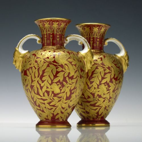 PAIR 19TH CENTURY ROYAL CROWN DERBY TWIN MASK HANDLE URN VASES 18771890 - ADDITIONAL PHOTO 1