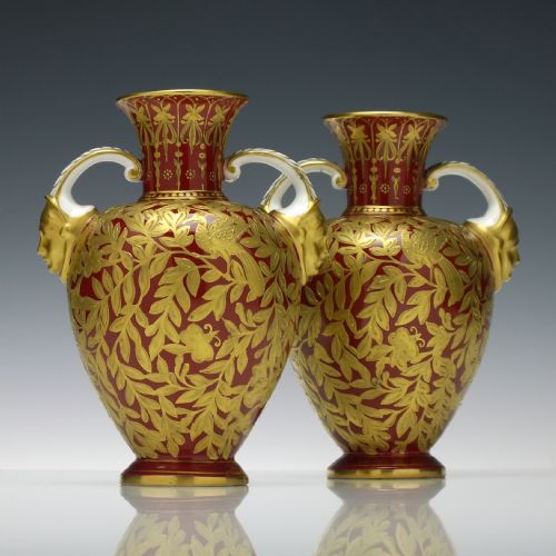 PAIR 19TH CENTURY ROYAL CROWN DERBY TWIN MASK HANDLE URN VASES 18771890 - ADDITIONAL PHOTO 2