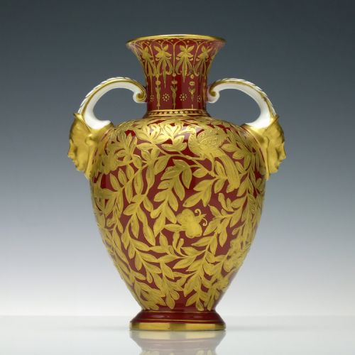 PAIR 19TH CENTURY ROYAL CROWN DERBY TWIN MASK HANDLE URN VASES 18771890 - ADDITIONAL PHOTO 3