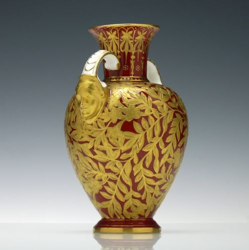 PAIR 19TH CENTURY ROYAL CROWN DERBY TWIN MASK HANDLE URN VASES 18771890 - ADDITIONAL PHOTO 4