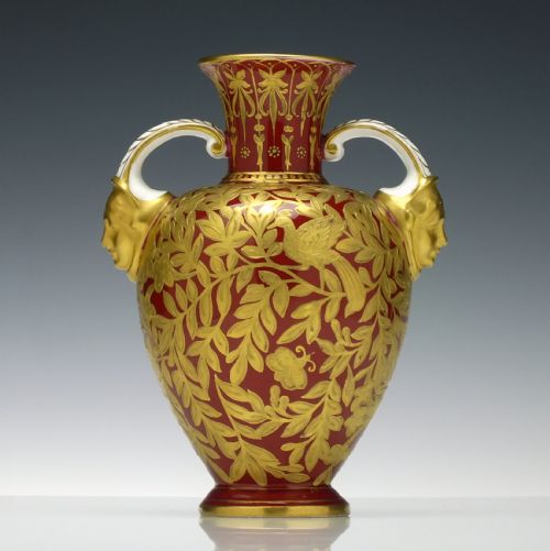 PAIR 19TH CENTURY ROYAL CROWN DERBY TWIN MASK HANDLE URN VASES 18771890 - ADDITIONAL PHOTO 6