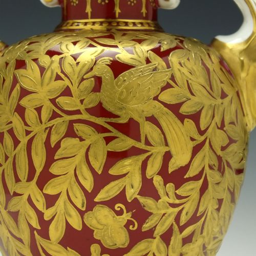 PAIR 19TH CENTURY ROYAL CROWN DERBY TWIN MASK HANDLE URN VASES 18771890 - ADDITIONAL PHOTO 7