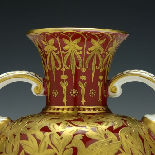 PAIR 19TH CENTURY ROYAL CROWN DERBY TWIN MASK HANDLE URN VASES 18771890 - ADDITIONAL PHOTO 9