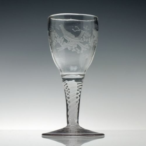 18th century butterfly and bird engraved opaque twist wine glass c1760 - CATEGORY: ANTIQUE GLASS - DATED GEORGIAN