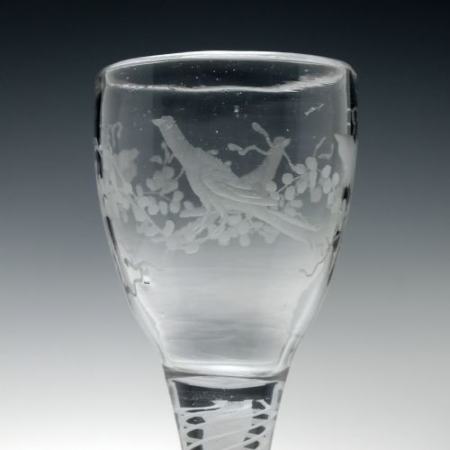 18TH CENTURY BUTTERFLY AND BIRD ENGRAVED OPAQUE TWIST WINE GLASS C1760 - ADDITIONAL PHOTO 1