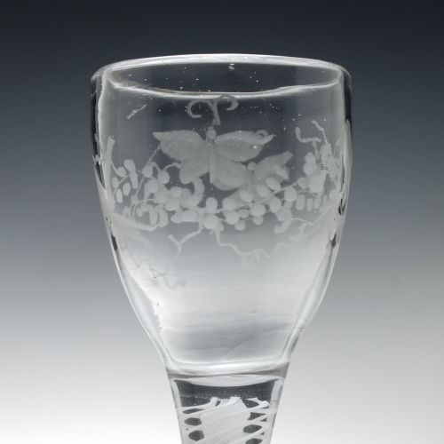 18TH CENTURY BUTTERFLY AND BIRD ENGRAVED OPAQUE TWIST WINE GLASS C1760 - ADDITIONAL PHOTO 2