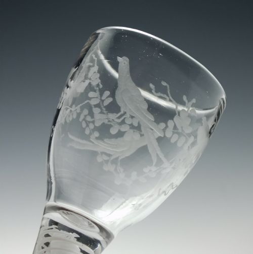 18TH CENTURY BUTTERFLY AND BIRD ENGRAVED OPAQUE TWIST WINE GLASS C1760 - ADDITIONAL PHOTO 3
