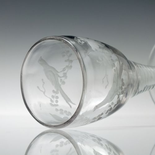 18TH CENTURY BUTTERFLY AND BIRD ENGRAVED OPAQUE TWIST WINE GLASS C1760 - ADDITIONAL PHOTO 6
