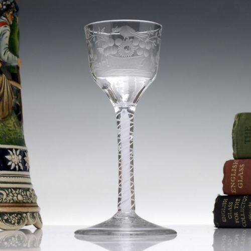 engraved 18th century opaque twist wine glass c1760 - CATEGORY: ANTIQUE GLASS - DATED GEORGIAN
