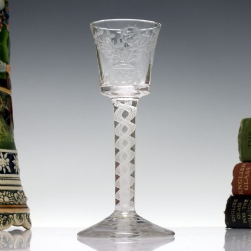 georgian butterfly engraved single series opaque twist wine glass c1760 - CATEGORY: ANTIQUE GLASS - DATED GEORGIAN