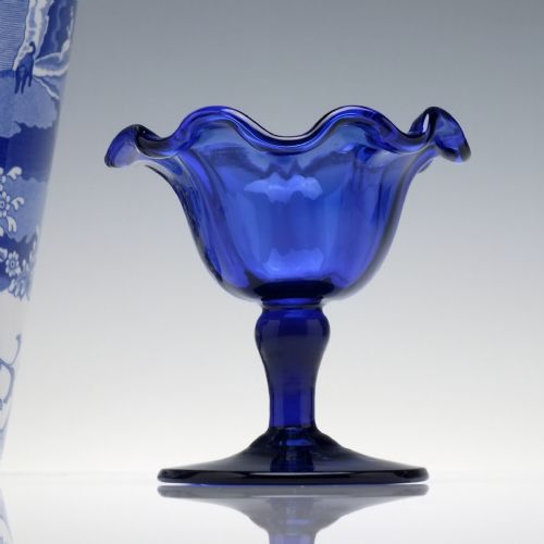 rare 18th century blue sweetmeat glass with crimped bowl c1760 - CATEGORY: ANTIQUE GLASS - DATED GEORGIAN