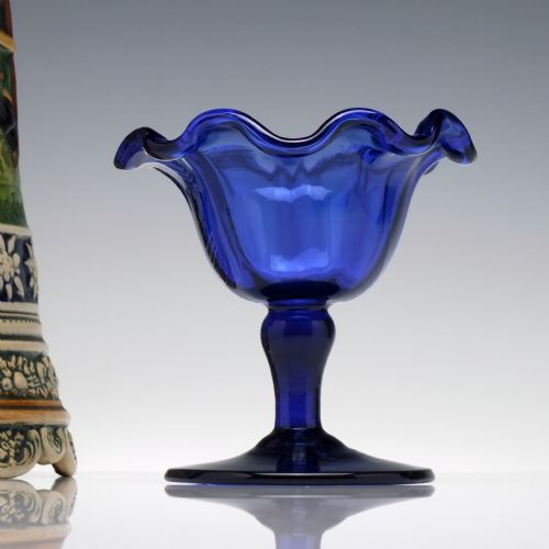 RARE 18TH CENTURY BLUE SWEETMEAT GLASS WITH CRIMPED BOWL C1760 - ADDITIONAL PHOTO 2