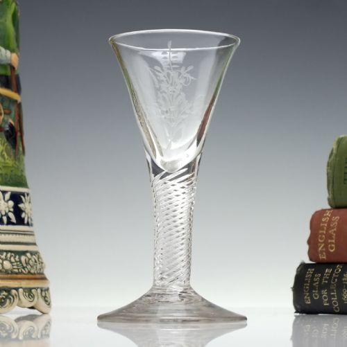 engraved georgian multi spiral air twist dram glass c1750 - CATEGORY: ANTIQUE GLASS - DATED GEORGIAN