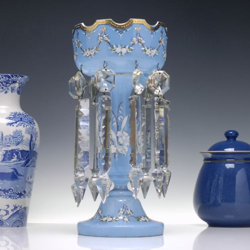 VICTORIAN ENAMELLED BLUE GLASS LUSTRE C1880 - ADDITIONAL PHOTO 1