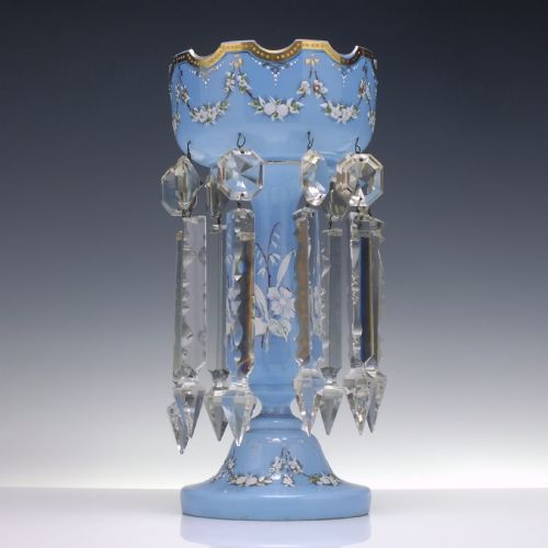 victorian enamelled blue glass lustre c1880 - CATEGORY: ANTIQUE GLASS - DATED 1880