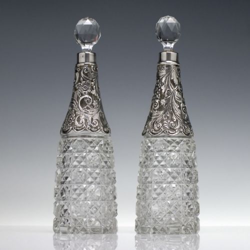 Pair Sterling Silver Top Glass Liqueur Decanters Birmingham 1897
