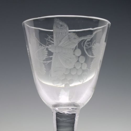 18TH CENTURY BUTTERFLY ENGRAVED PLAIN STEM WINE GLASS C1740 - ADDITIONAL PHOTO 4
