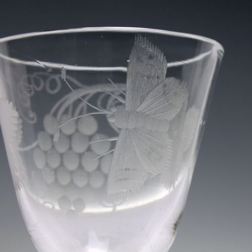 18TH CENTURY BUTTERFLY ENGRAVED PLAIN STEM WINE GLASS C1740 - ADDITIONAL PHOTO 6